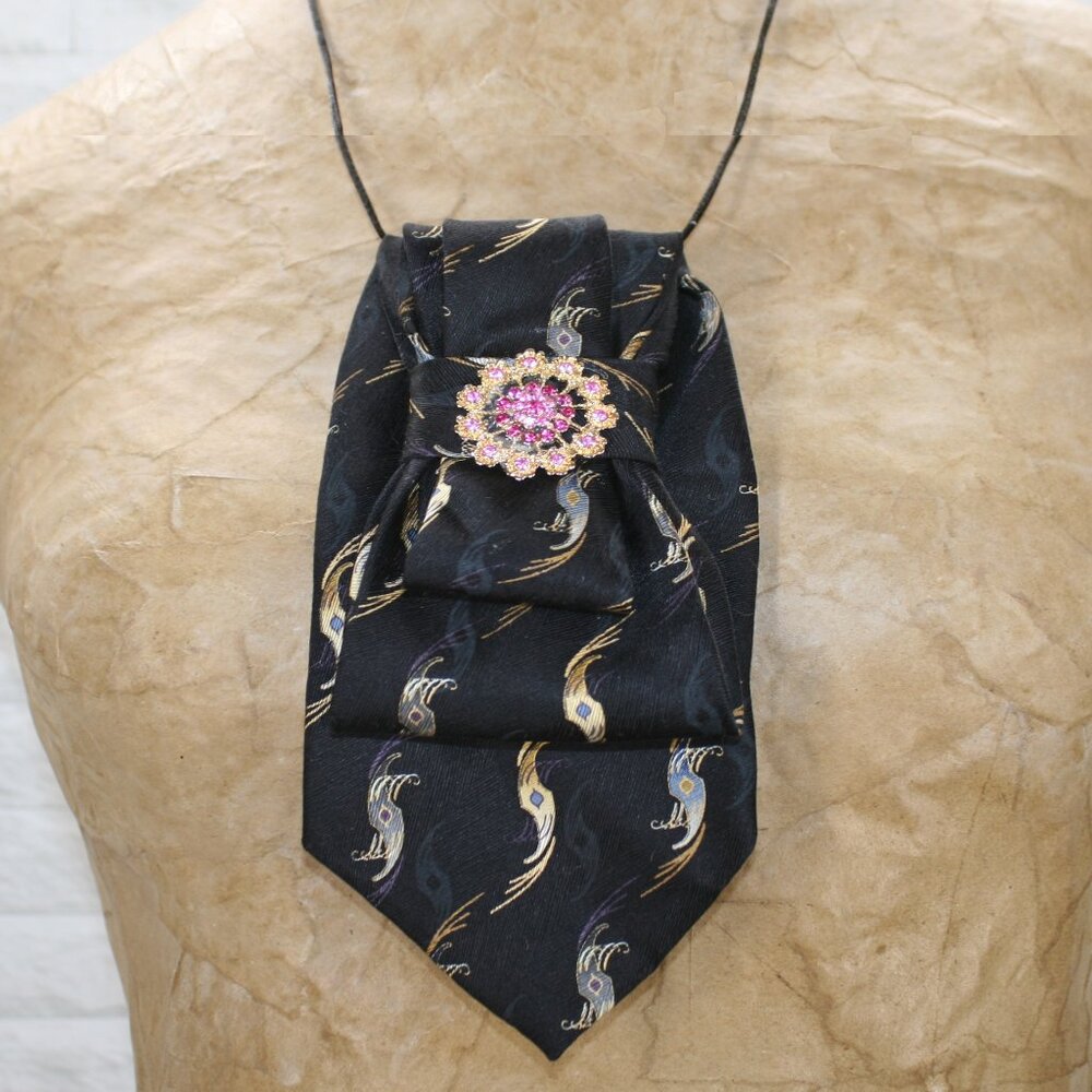 UPCYCLED Neck Tie Necklace Brooch Necktie Holiday Gift Accessory Black Swirl